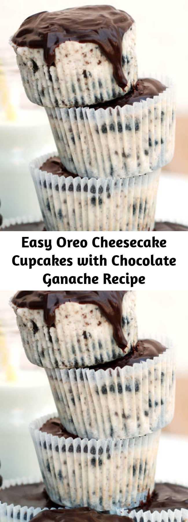 Easy Oreo Cheesecake Cupcakes with Chocolate Ganache Recipe - Oreo Cheesecake Cupcakes with Chocolate Ganache are delicious mini cheesecakes loaded with Oreo chunks & topped with rich chocolate ganache. They’re so tasty!