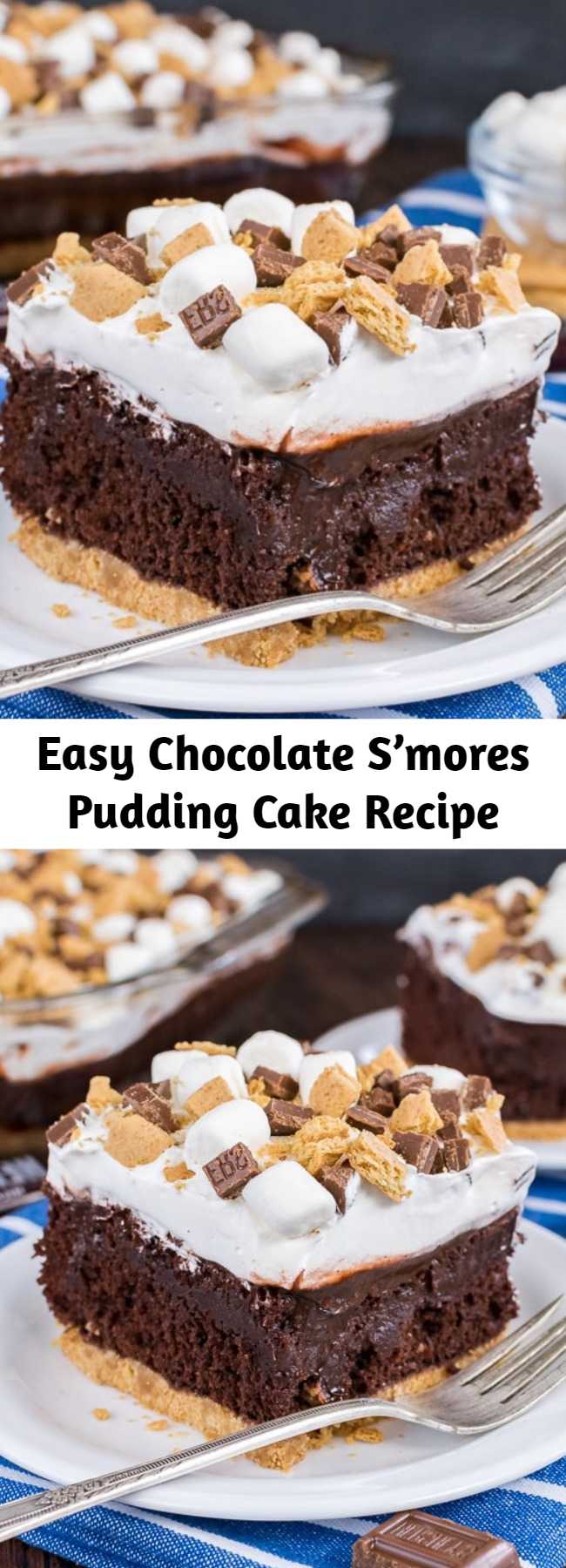 Easy Chocolate S’mores Pudding Cake Recipe - A graham cracker crust, chocolate pudding, and a marshmallow topping make this Chocolate S'mores Pudding Cake the perfect summer dessert.