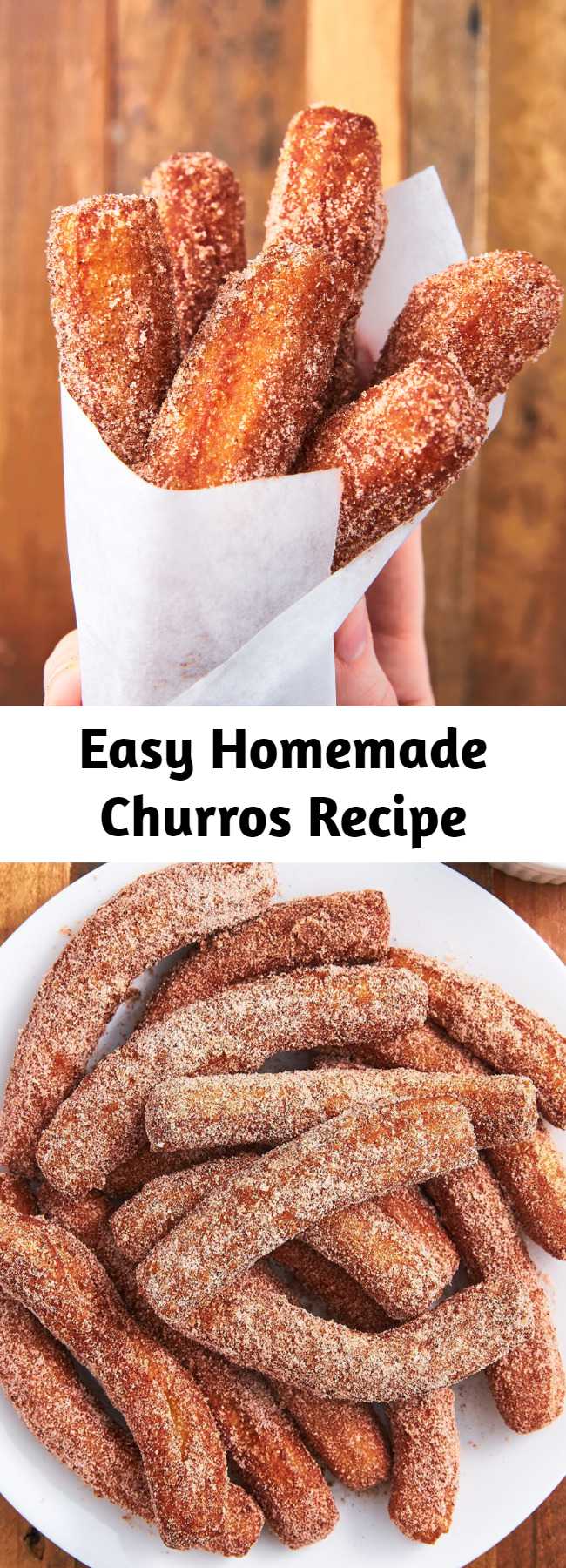 Easy Homemade Churros Recipe - We don't often feel like breaking out all of our oil to fry things. But when you have an easy churro recipe this delicious, it's absolutely worth it. They only take a few minutes to fry and will actually still taste good at room temp, making them a great party dessert! #easy #recipe #churros #dessert #mexicanfood #dessertrecipes #cinnamon #sugar #chocolate