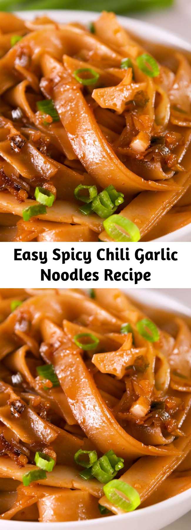 Easy Spicy Chili Garlic Noodles Recipe - The sauce for these noodles come together in less time than it takes your pasta water to boil. This dish is easy, fast, and spicy. Adjust the chili garlic sauce as you like, but we love the sweet heat of this dish as is. Prepare yourselves. #easyrecipe #food #noodles #asian #pasta