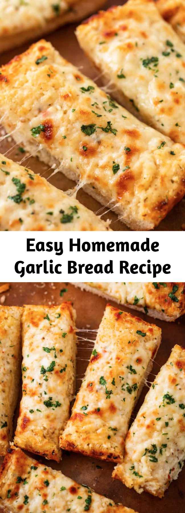 Easy Homemade Garlic Bread Recipe - This easy homemade garlic bread is loaded with two kinds of cheese and has secret ingredients that put it above the other garlic bread recipes out there! #recipe #sidedishidea #italianfood #sidedish #comfortfood #sides #breadsticks