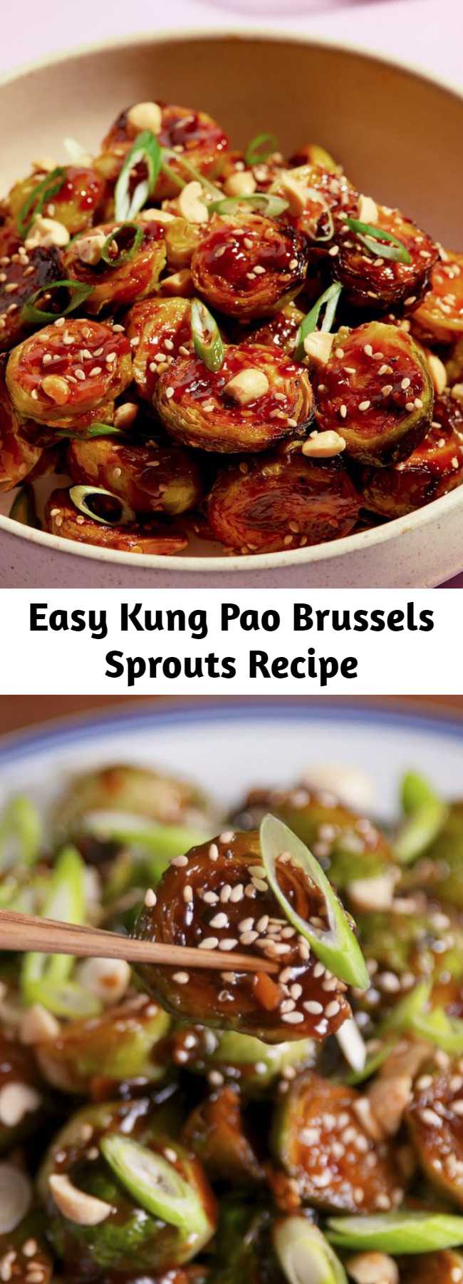 Easy Kung Pao Brussels Sprouts Recipe - The kung pao sauce on these will turn everyone into a lover of Brussels sprouts. Salty, spicy, and addicting. #food #easyrecipe #healthyeating #cleaneating #vegetarian