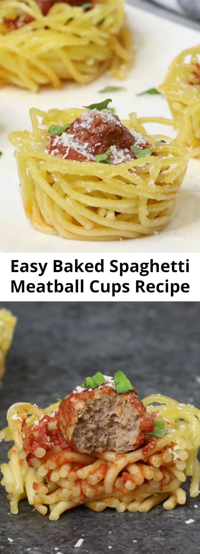 Easy Baked Spaghetti Meatball Cups Recipe - Baked Spaghetti and Meatball Cups are a flavorful bite-size appetizer that's fun to make and share, plus they're a fabulous way to use up leftover spaghetti. All you need is some pasta sauce, meatballs, parmesan cheese and an optional egg to hold them together. Easy to make ahead of time for a party.