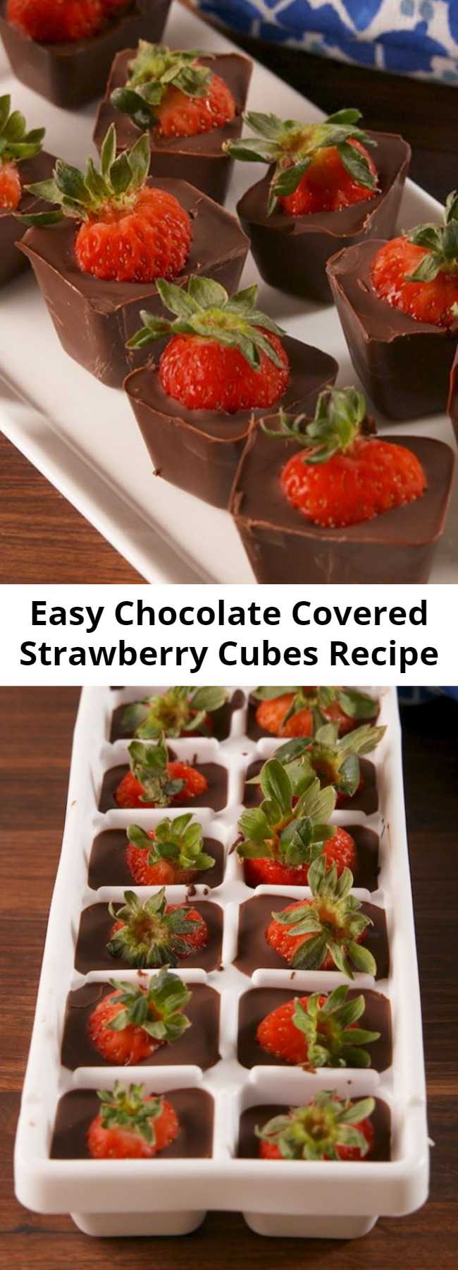 Easy Chocolate Covered Strawberry Cubes Recipe - This ice cube tray hack is the easiest way to make chocolate covered strawberries. The perfect chocolate to strawberry ratio. #recipe #easyrecipe #chocolate #strawberry #strawberries #valentinesday #valentine #hack #lifehack #dessert #sweet #coconutoil