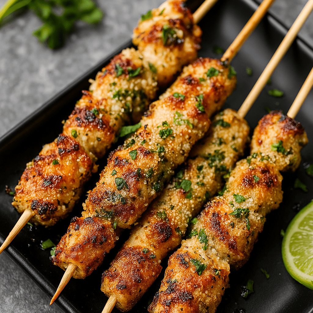 Plate of juicy grilled ranch garlic parmesan chicken skewers served with dipping sauce and fresh parsley, a perfect example of garlic ranch chicken and one of the best quick chicken appetizers or appetizer chicken recipes for BBQs, parties, or weeknight meals.