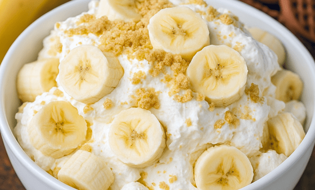 Glass bowl of banana pudding fluff layered with vanilla wafers, sliced bananas, and mini marshmallows, topped with a whole wafer.