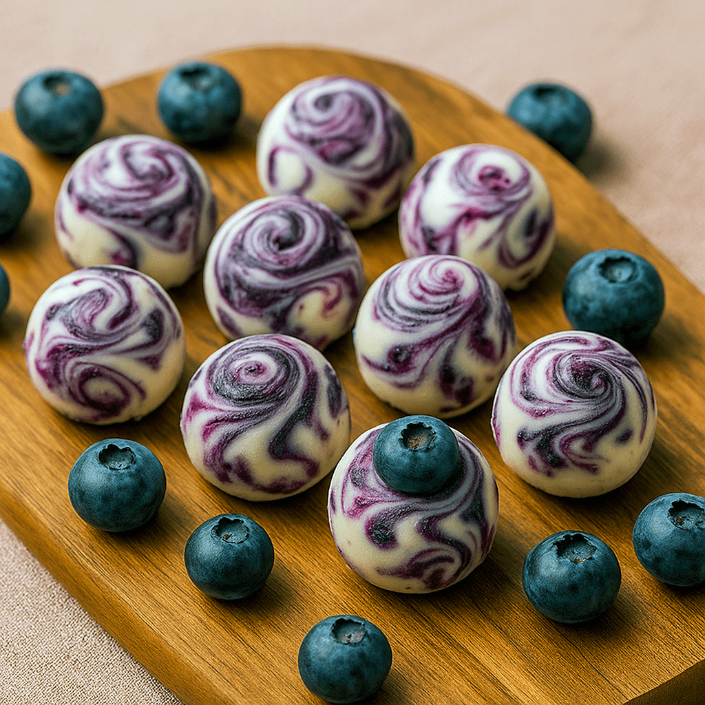 Frozen Blueberry Greek Yogurt Bites in silicone molds, perfect Morning Bites and Natural Snacks Healthy, easy Healthy Desserts Recipe, tasty Yogurt Fruit Cups and Yogurt Ball, ideal Dessert Snack Recipes and Meal Prep Dessert Ideas, made with Healthy Recipes With Milk.