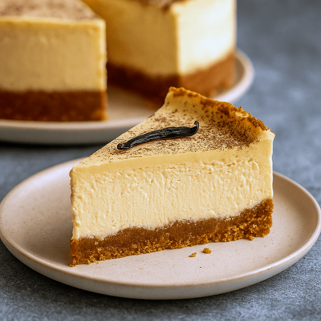 Slice of brown sugar cheesecake with visible vanilla bean specks, glossy brown-butter sheen, and toasted nut garnish on a white plate.