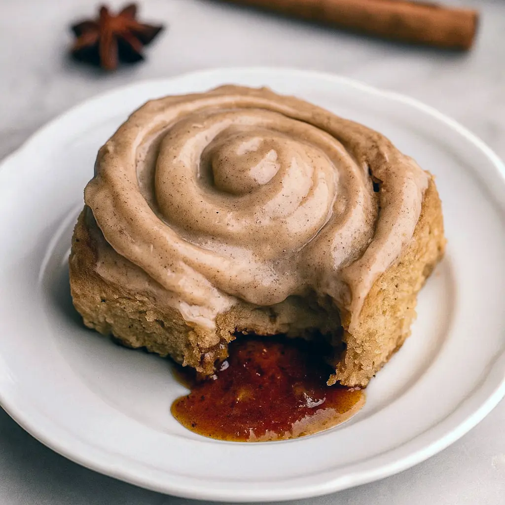 Close-up of chai cinnamon rolls with glossy brown-sugar caramel bottoms and chai cream-cheese frosting, arranged in a rustic baking dish.