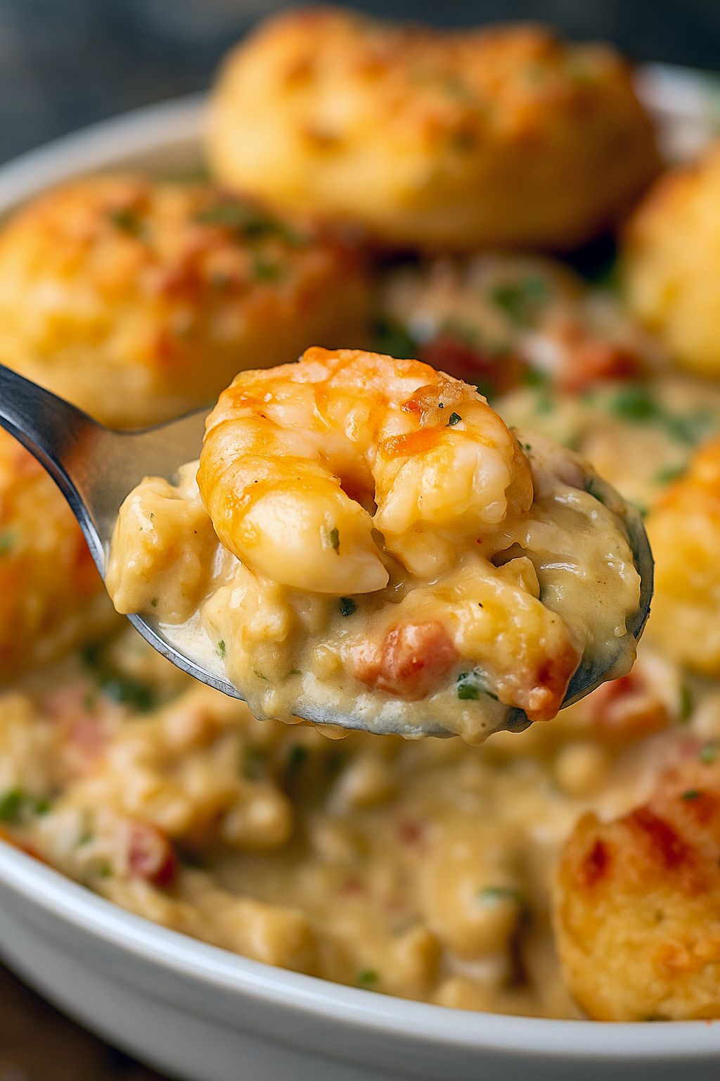Golden Cheddar Bay biscuit crust crowning creamy shrimp and crab filling with peas and carrots in a white pie dish.
