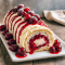 A beautifully sliced Cherry Cheesecake Cake Roll topped with cherries and dusted with powdered sugar, showing creamy layers of cheesecake filling inside this Cherry Roll Cake — the perfect Festive Cherry Cheesecake for any celebration.