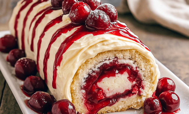 A beautifully sliced Cherry Cheesecake Cake Roll topped with cherries and dusted with powdered sugar, showing creamy layers of cheesecake filling inside this Cherry Roll Cake — the perfect Festive Cherry Cheesecake for any celebration.