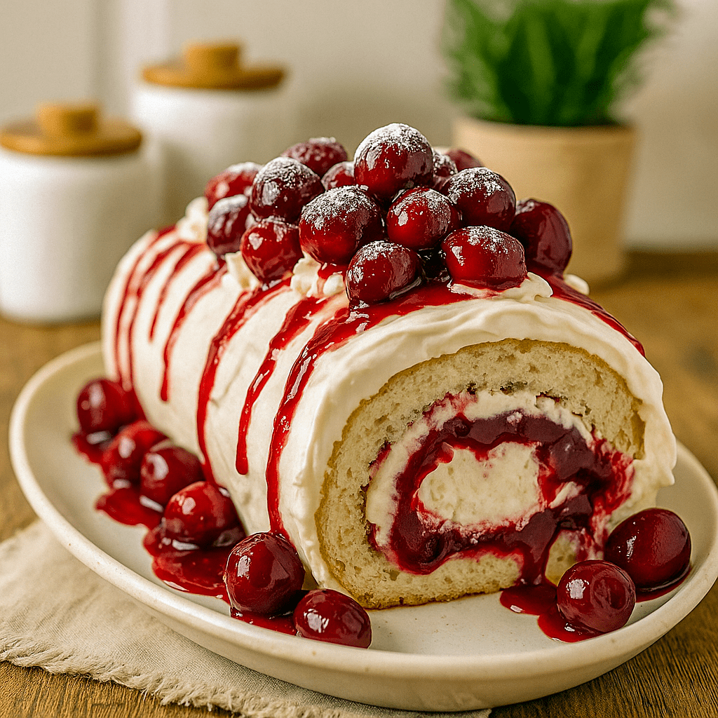 A beautifully sliced Cherry Cheesecake Cake Roll topped with cherries and dusted with powdered sugar, showing creamy layers of cheesecake filling inside this Cherry Roll Cake — the perfect Festive Cherry Cheesecake for any celebration.