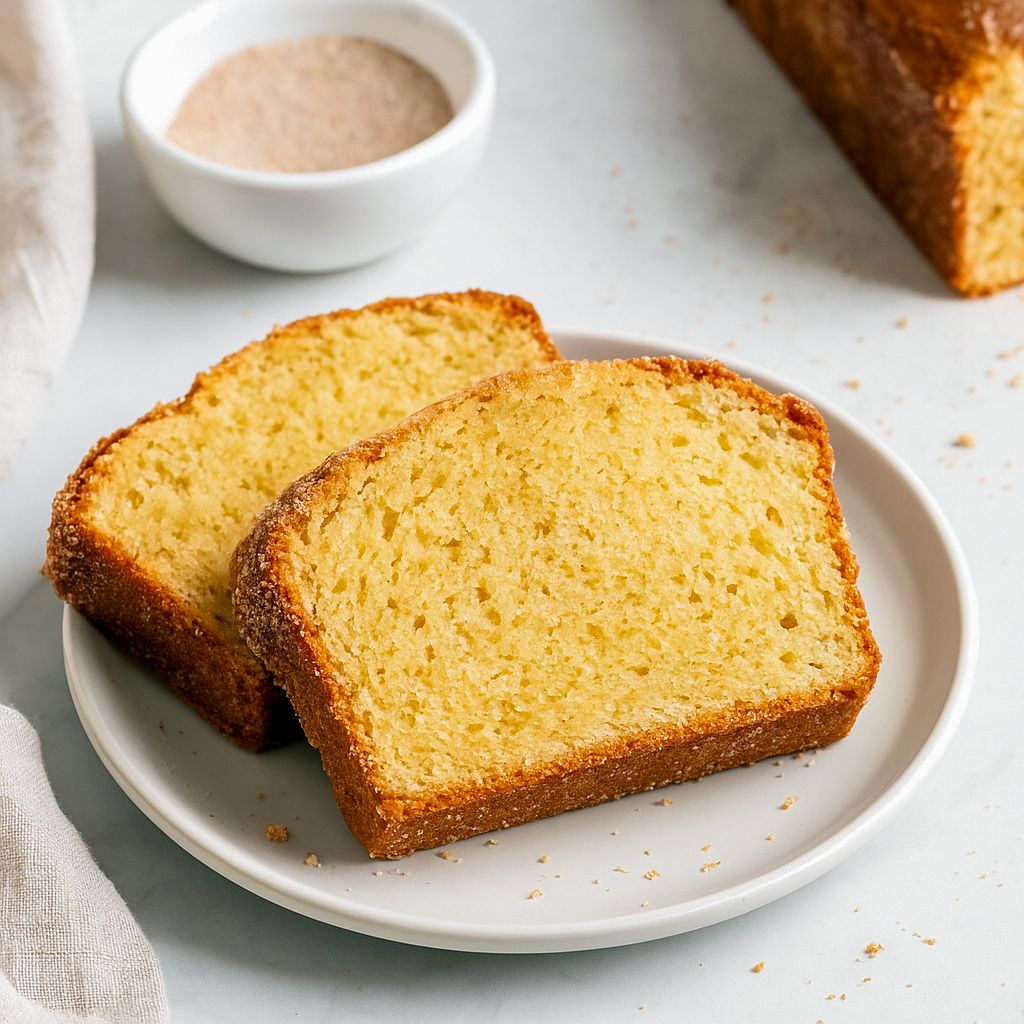 Golden cinnamon-sugar loaf with crunchy spiced crust, one thick slice on a plate and a steaming mug of coffee in the background.