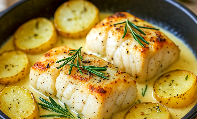 A golden baked dish of Cod With Rosemary Cream Sauce nestled with tender potatoes, topped with fresh parsley, and finished with lemon zest—an elegant weeknight dinner that’s part of One Pot Cod Recipes and perfect for anyone searching for Dinner Ideas With Capers or simple yet Elevated Food Recipes.