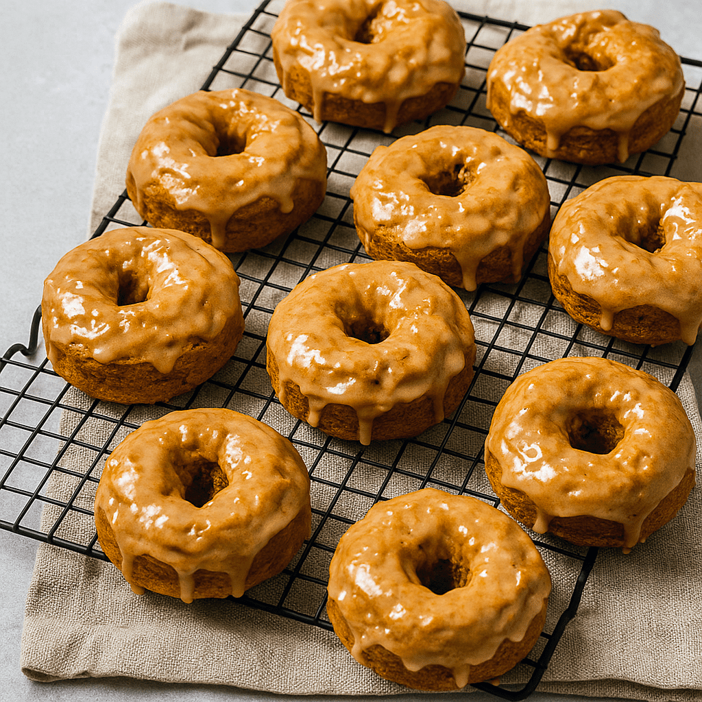 Golden Baked Donuts made with pumpkin, topped with shiny maple Donut Glaze—a cozy Homemade Donuts Recipe perfect for Fall Baking Recipes, Pumpkin Dessert lovers, and anyone looking for festive Herbst Rezepte or sweet Pumpkin Recipes Dessert ideas.
