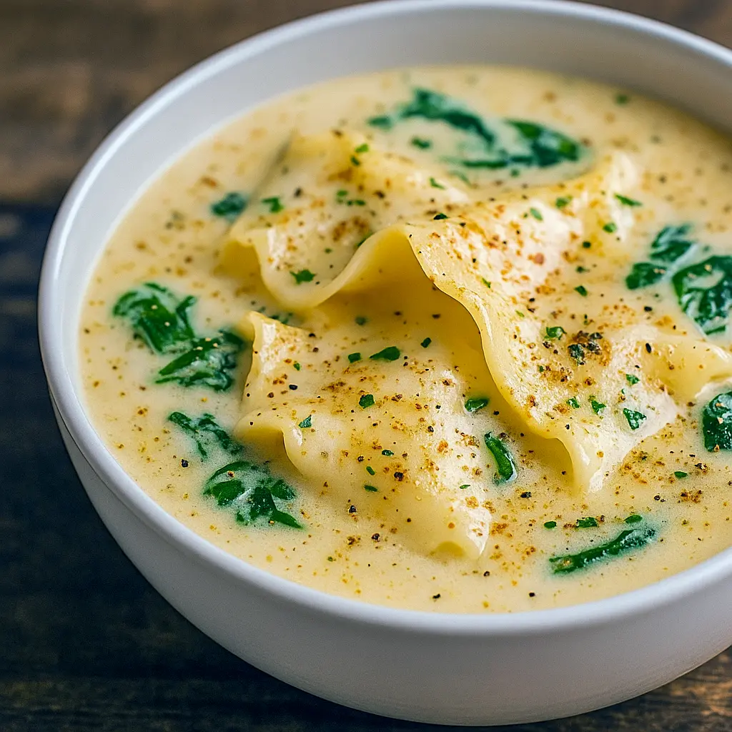 Bowl of creamy Alfredo lasagna soup topped with ricotta and parsley, perfect for Soup Buffet Ideas Parties, inspired by Award Winning Soup Recipes, hearty like Pumpkin Soup With Gorgonzola, cozy as Garlic Scape Soup, comforting as Herb Garnished Chicken Soup, and ideal for Soup Party Ideas. A must-try Fall-themed Soup Recipe for fans of Soups and dishes like Cooking Classy Tortellini Soup.