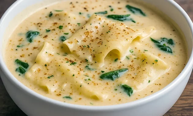 Bowl of creamy Alfredo lasagna soup topped with ricotta and parsley, perfect for Soup Buffet Ideas Parties, inspired by Award Winning Soup Recipes, hearty like Pumpkin Soup With Gorgonzola, cozy as Garlic Scape Soup, comforting as Herb Garnished Chicken Soup, and ideal for Soup Party Ideas. A must-try Fall-themed Soup Recipe for fans of Soups and dishes like Cooking Classy Tortellini Soup.