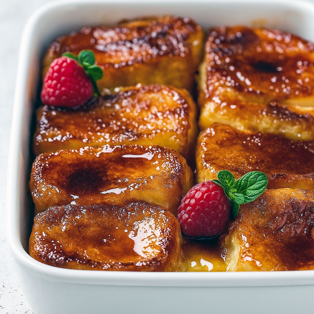 Golden crème brûlée French toast casserole with caramelized top, fresh berries, and powdered sugar on a white serving plate.