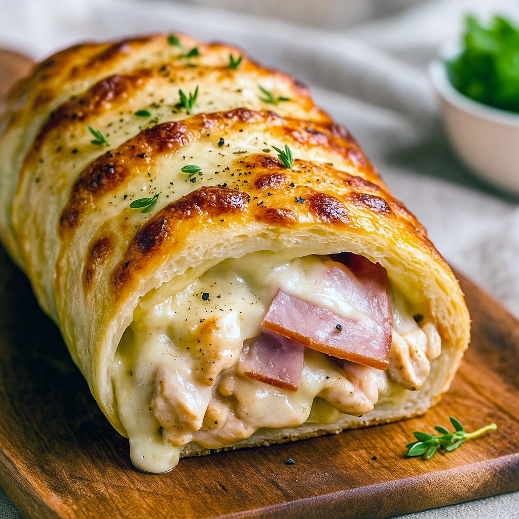 Sliced golden Chicken Cordon Bleu Stromboli on a wooden board, melted Swiss and ham visible, with a side of mustard dip.