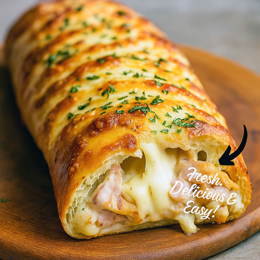 Sliced golden Chicken Cordon Bleu Stromboli on a wooden board, melted Swiss and ham visible, with a side of mustard dip.