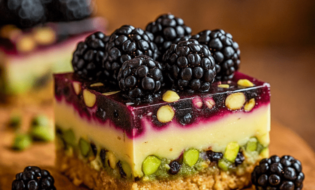 Blackberry Pistachio Dream Bars with golden crust, nutty crunch, and berry filling — a stunning pick for Fruit Bar Desserts, perfect for Easy Buffet Desserts, Signature Desserts, and even a Fancy Dessert Charcuterie Board.