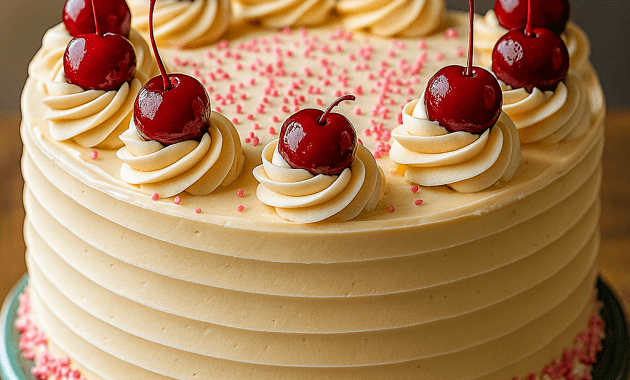 A vintage-inspired Simple Cherry Cake Recipe featuring fluffy pink layers of Maraschino Cake, frosted with creamy cherry buttercream, and topped with whole maraschino cherries — a dreamy Cherry Dream Cake and one of the most beloved Cherry Cake Recipes for celebrations or Best Summer Cakes.