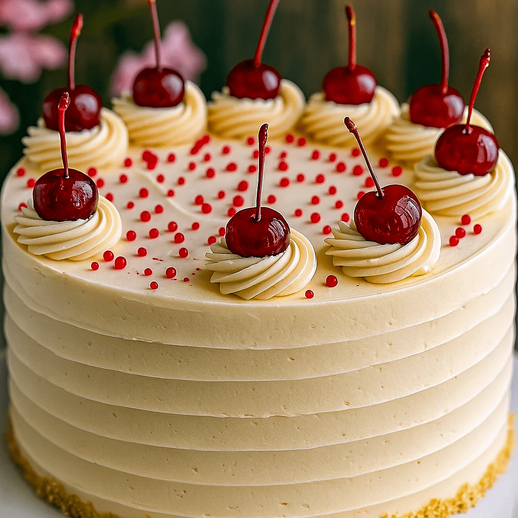 A vintage-inspired Simple Cherry Cake Recipe featuring fluffy pink layers of Maraschino Cake, frosted with creamy cherry buttercream, and topped with whole maraschino cherries — a dreamy Cherry Dream Cake and one of the most beloved Cherry Cake Recipes for celebrations or Best Summer Cakes.