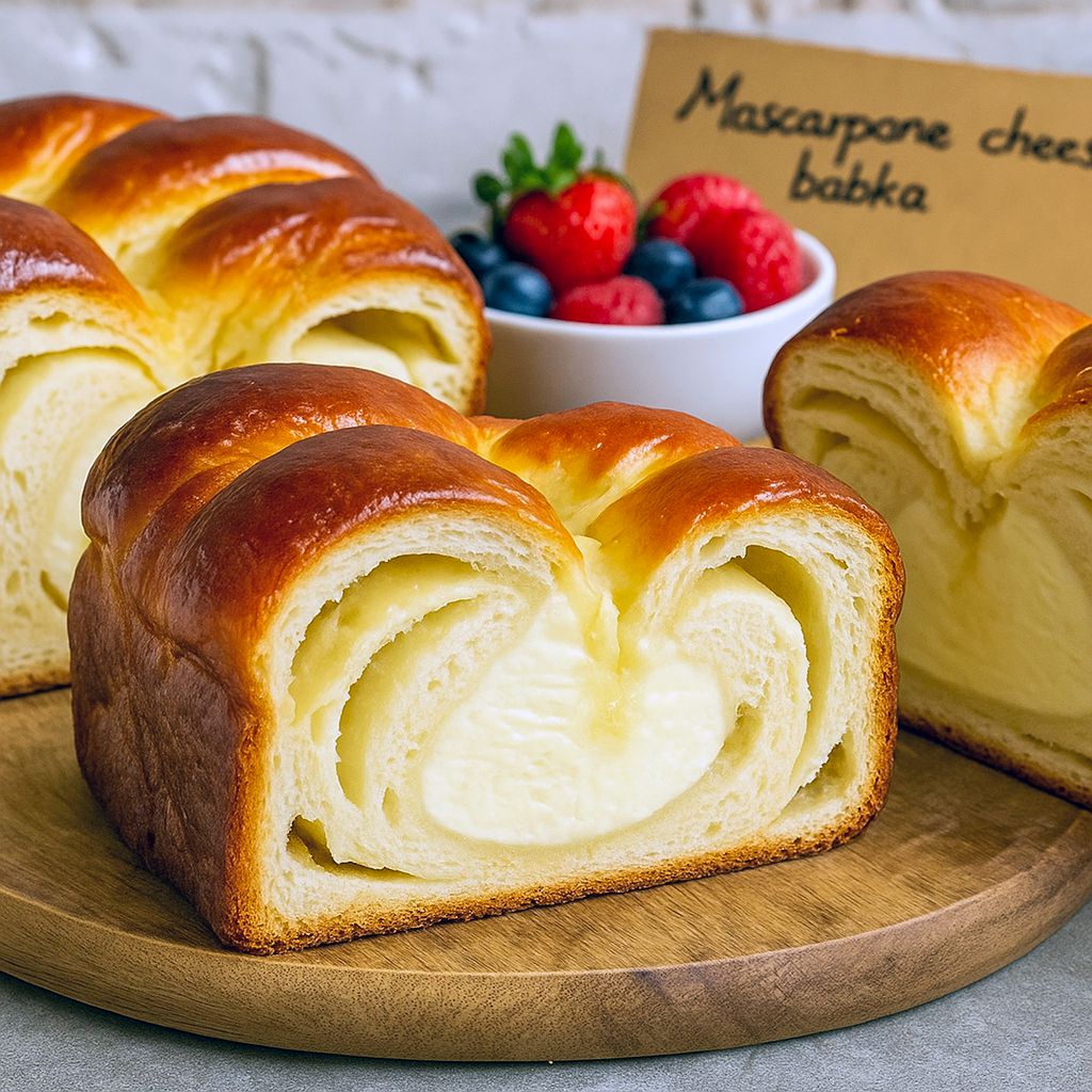 Braided mascarpone babka with glossy swirls and a dusting of powdered sugar on a wooden board.