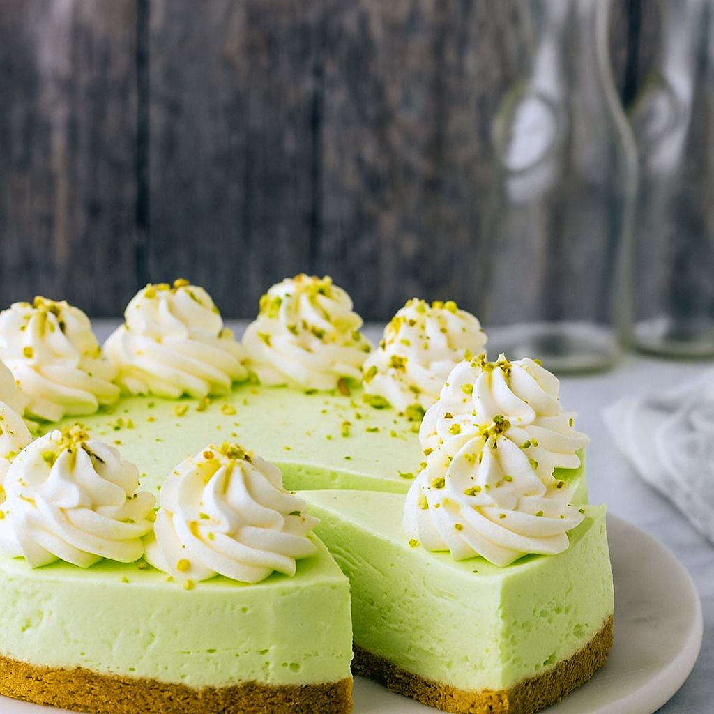 Slice of pale-green no-bake pistachio cheesecake on a white plate, creamy filling over a graham cracker crust, topped with whipped cream rosettes and chopped pistachios.