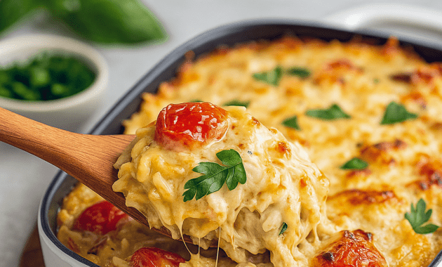 Cheesy and creamy Orzo Tuscan Chicken bake fresh from the oven, perfect Orzo Pasta Casserole with tender chicken, ideal Orzo Baked Chicken and Chicken Orzo Pasta Bake for a comforting family meal, easy Easy Dinner Recipes Oven Bake, delicious Orzo Chicken Bake Recipes and Orzo Pasta Recipes Chicken, Tuscan style Tuscan Chicken With Orzo and Tuscan Chicken And Orzo Recipes.