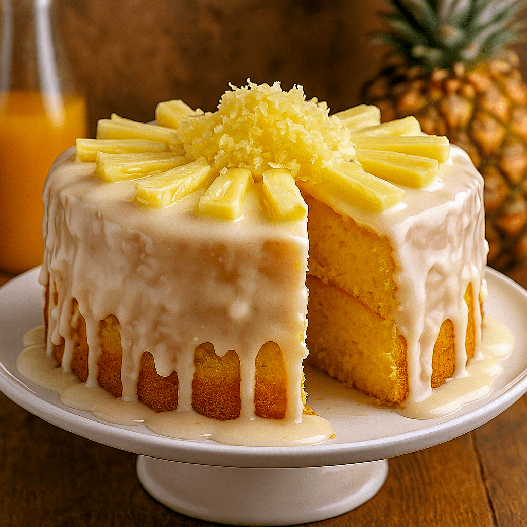 A golden Bundt-style Pineapple Cake Recipe Homemade topped with glossy Pineapple Icing, showcasing tropical inspiration from Pineapple Coconut Upside Down Cake, Pineapple Drizzle Cake, and Pineapple Upside Down Layer Cake. A light, moist crumb that works beautifully with Pineapple Cake Filling Recipes, easily adapted into a Pineapple Bundt Cake Easy or a rich Pineapple Pound Cake Homemade, finished with an extra drizzle of sweet Pineapple Cake Icing.