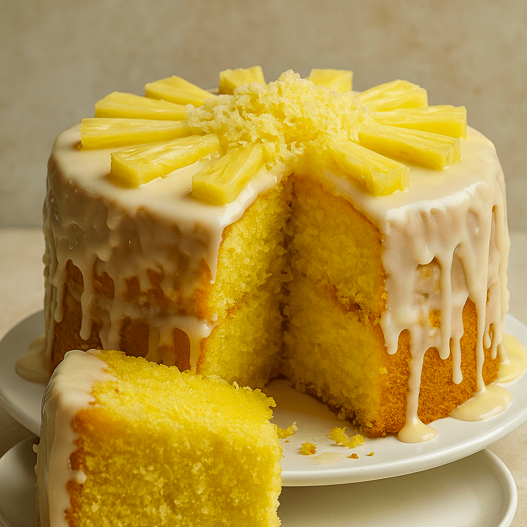 A golden Bundt-style Pineapple Cake Recipe Homemade topped with glossy Pineapple Icing, showcasing tropical inspiration from Pineapple Coconut Upside Down Cake, Pineapple Drizzle Cake, and Pineapple Upside Down Layer Cake. A light, moist crumb that works beautifully with Pineapple Cake Filling Recipes, easily adapted into a Pineapple Bundt Cake Easy or a rich Pineapple Pound Cake Homemade, finished with an extra drizzle of sweet Pineapple Cake Icing.