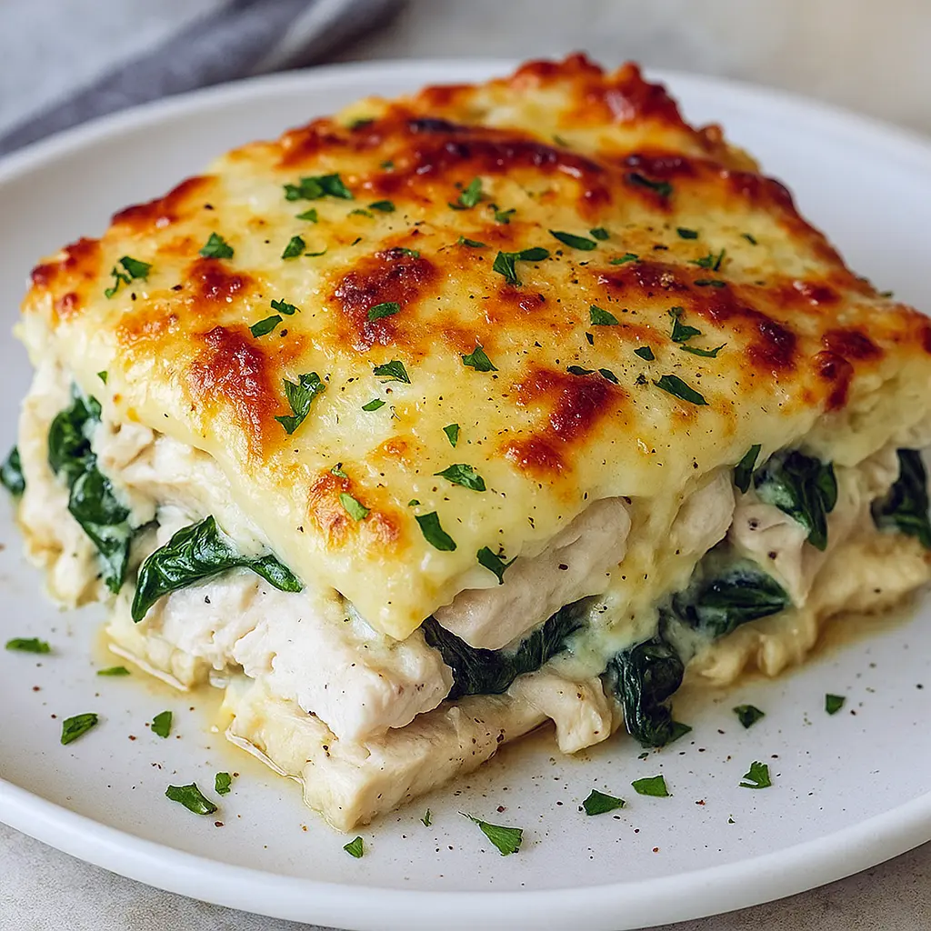 Creamy baked Fresh Spinach Casserole with tender shredded chicken, golden cheese topping, and a rich sauce—perfect as a comforting Dinner Recipe With Spinach and one of the best Quick Easy Casserole Recipes For Dinner for busy families.