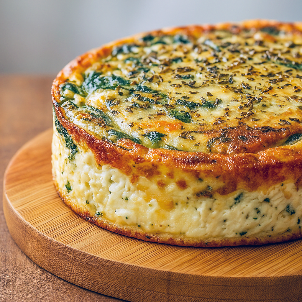 Golden baked cottage cheese & spinach crustless quiche in a pie dish, showing a fluffy, cheesy filling with spinach and veggies — a healthy twist on a classic quiche and one of the best savoury breakfast ideas.