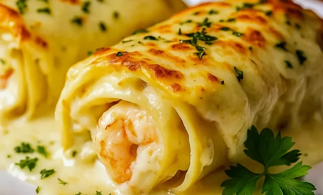 Overhead shot of creamy Seafood Lasagna Roll Ups filled with shrimp, crab, and Alfredo sauce, topped with bubbling mozzarella and Parmesan — a comforting Seafood Dish Recipess perfect for Seafood Dinner Ideas, Seafood Meals, or anyone who loves Gourmet Seafood Recipes like Crab Pasta Recipes and a delicious Shrimp Roll Recipe.