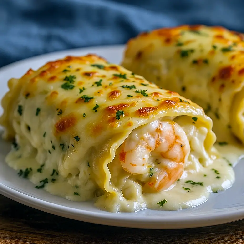 Overhead shot of creamy Seafood Lasagna Roll Ups filled with shrimp, crab, and Alfredo sauce, topped with bubbling mozzarella and Parmesan — a comforting Seafood Dish Recipess perfect for Seafood Dinner Ideas, Seafood Meals, or anyone who loves Gourmet Seafood Recipes like Crab Pasta Recipes and a delicious Shrimp Roll Recipe.