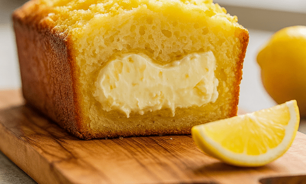 Glazed lemon cream cheese loaf sliced on a cooling rack, topped with lemon zest and a jar of glaze nearby.