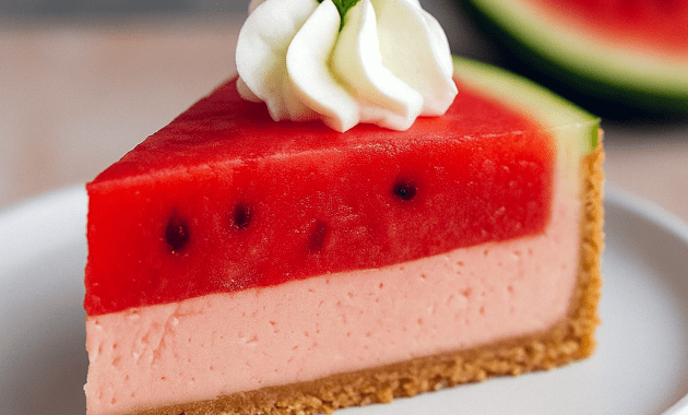 No-Bake Watermelon Cheesecake on a graham cracker crust, topped with fresh watermelon slices and mint leaves — a refreshing summer treat for fans of Watermelon Dessert Recipes, Cake With Fruit, Holiday Cheesecake Recipes, Watermelon Cake, Baked Cheesecake Recipe, Lemon Dessert Recipes, Easy Cheesecake Recipes, Cheesecake Desserts, and Watermelon Recipes.