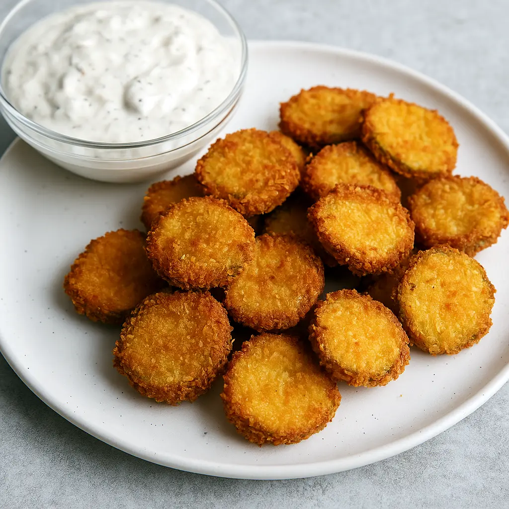 Golden brown Air Fryer Pickles served on a white plate with creamy ranch dip – the perfect Crispy Fried Pickles Snack for parties or easy weeknight munchies.