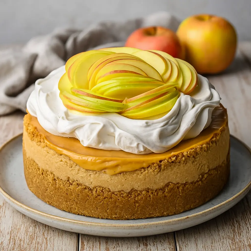 A tall, creamy Apple Cider Cheesecake Recipe topped with caramel drizzle and whipped cream, perfect for Cheesecake Fall Desserts and cozy gatherings. This dessert uses an Apple Cider Reduction for bold flavor, making it one of the Must Try Baking Recipes of the season. A twist on Apple Cider Pie, this smooth and spiced cheesecake is the ultimate Apple Spice Cheesecake for fall.