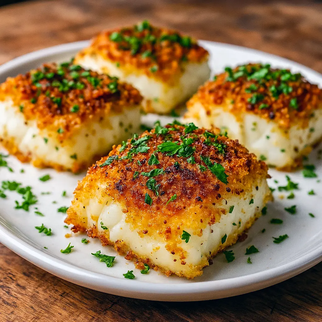 Close-up of a baked cod fillet with a crunchy panko crust, lemon wedge, and parsley — perfect for Oven Fried Cod Fish Recipes lovers. Works equally well if you prefer to Poach Cod or straight-up Bake Cod Fish Recipes Oven style; honestly one of the Best Cod Fish Recipes Oven Baked for busy nights.