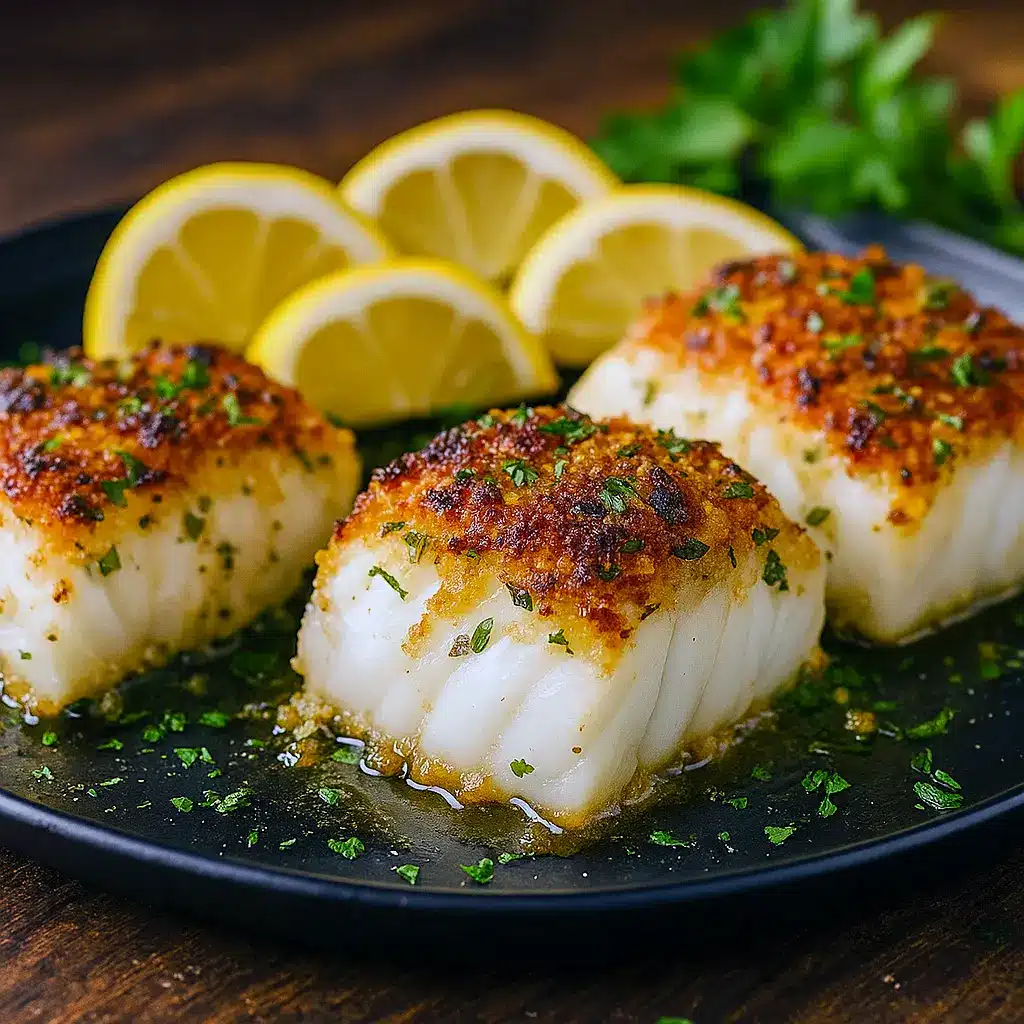 Close-up of a baked cod fillet with a crunchy panko crust, lemon wedge, and parsley — perfect for Oven Fried Cod Fish Recipes lovers. Works equally well if you prefer to Poach Cod or straight-up Bake Cod Fish Recipes Oven style; honestly one of the Best Cod Fish Recipes Oven Baked for busy nights.