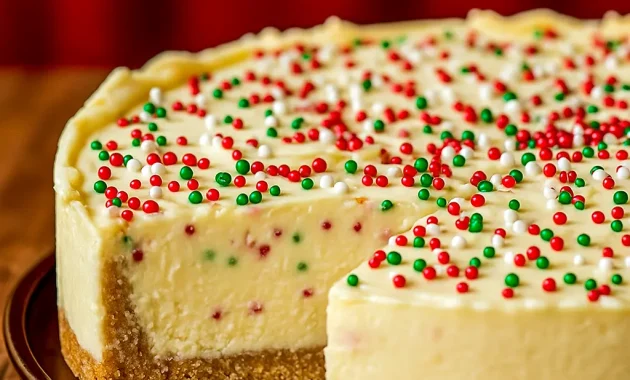 Close-up of a slice of sugar cookie cheesecake showing a golden cookie crust, creamy white filling studded with cookie-dough bits, glossy white-chocolate topping, and festive sprinkles.
