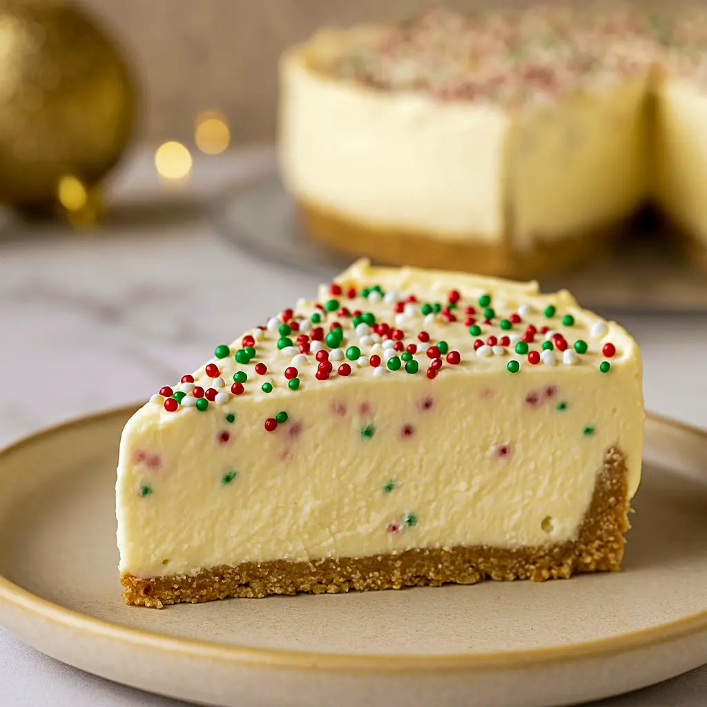 Close-up of a slice of sugar cookie cheesecake showing a golden cookie crust, creamy white filling studded with cookie-dough bits, glossy white-chocolate topping, and festive sprinkles.