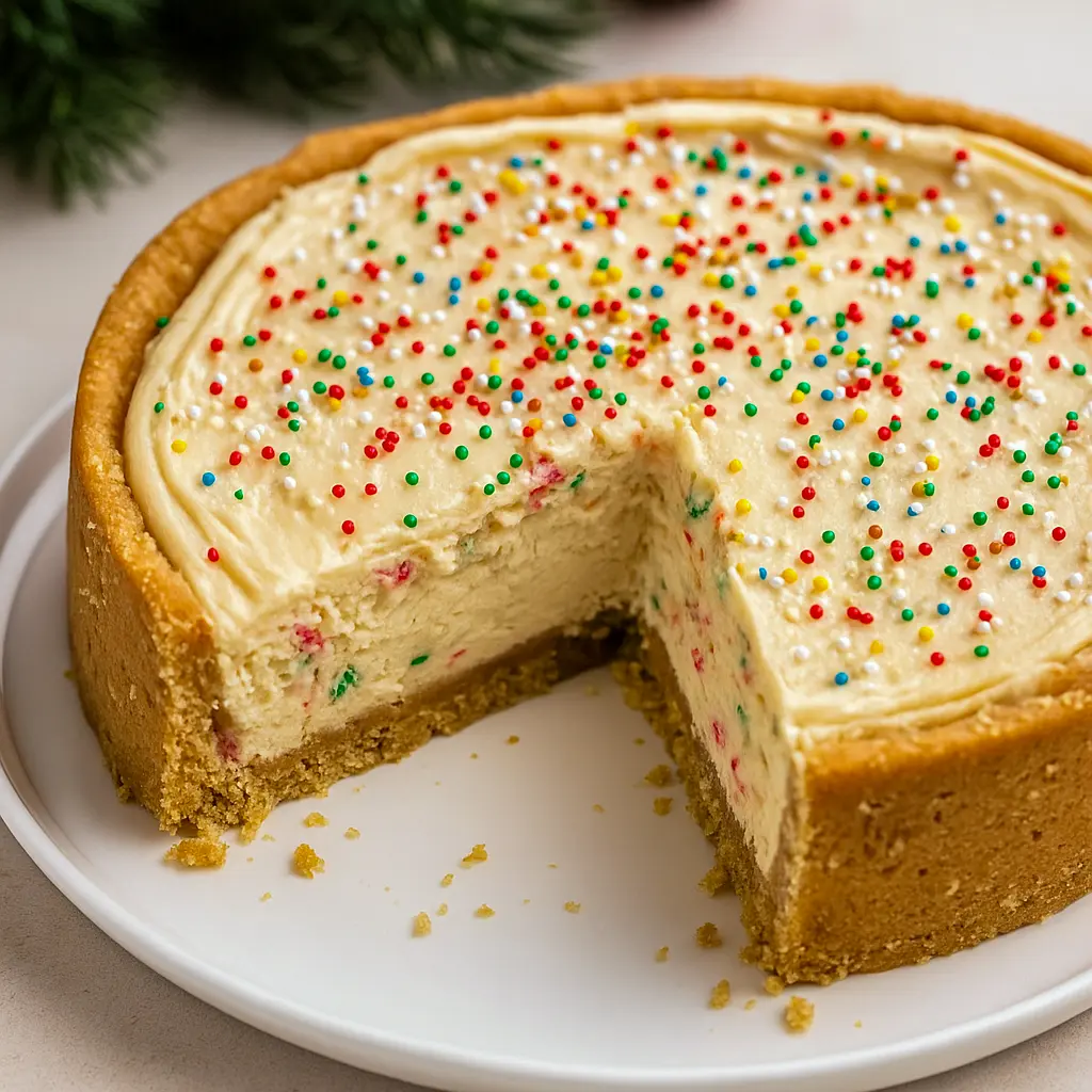Close-up of a slice of sugar cookie cheesecake showing a golden cookie crust, creamy white filling studded with cookie-dough bits, glossy white-chocolate topping, and festive sprinkles.