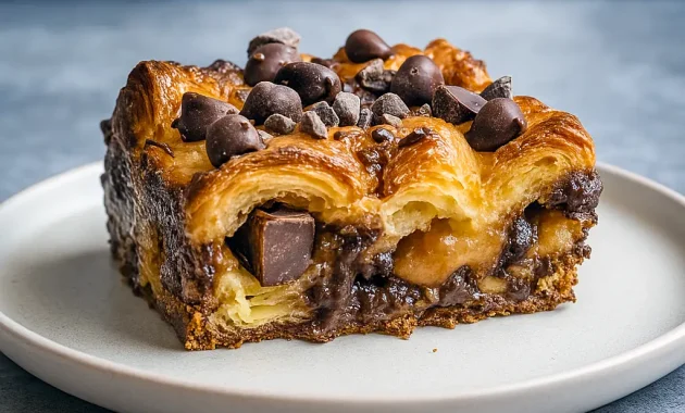 Golden, flaky chocolate croissant bake in a casserole dish dusted with powdered sugar—an easy Chocolate Breakfast Casserole that doubles as the Best Dessert For Brunch, perfect for Recipes For Brunch Party or Make And Take Breakfast Ideas.