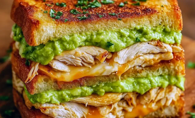 Toasted sandwich filled with sliced grilled chicken, ripe avocado, melted cheese and tomato, halved and stacked on a wooden board.