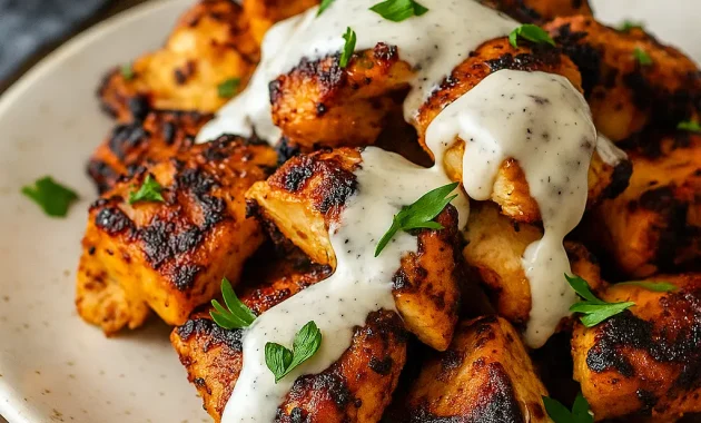 A plate of juicy Chicken Shawarma With Creamy Garlic sliced into strips, topped with a drizzle of creamy garlic sauce, and served with pita, fresh herbs, cucumbers, and tomatoes — a flavorful Protein Based Dinner and one of the best Grilled Chicken Shawarma Recipe ideas for easy weeknight meals.