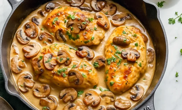 Golden brown chicken simmered in creamy mushroom wine sauce in a skillet – the perfect Chicken And Mushrooms In Wine Sauce Recipe for weeknights, fancy Dishes For Dinner Party, or special occasions.
